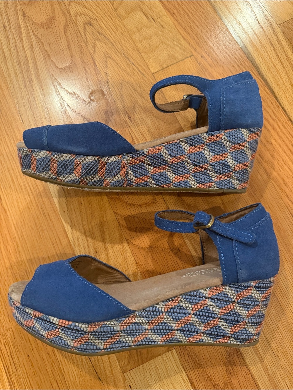 Toms Blue Suede Wedge Sandals with Woven Patterned Platform